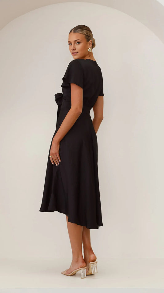 Dress Fashion V Neck Midi Dress Black A-Line Satin Sleeveless Solid Color High Low Prom Dress