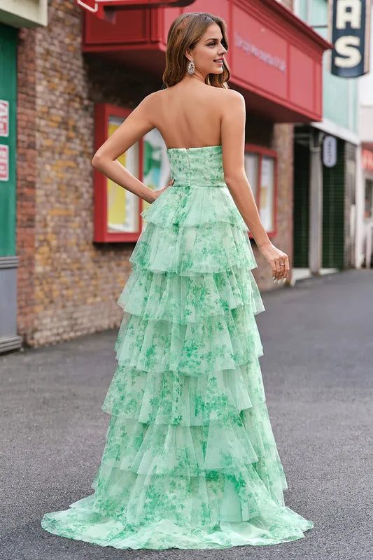 Dress Floral Green A Line Strapless Ruffles Maxi Dress Prom Dress Formal Dress With Slit Evening Dress
