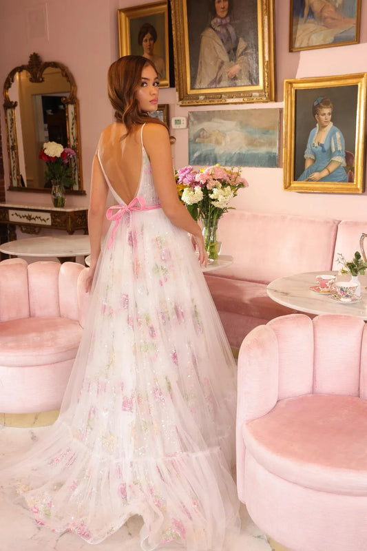 Dress Floral Tulle Gown Spaghetti Straps Plunging V Neck Embroidered Flower Bodice Pink Waistband And A Layered Tulle Prom Dress