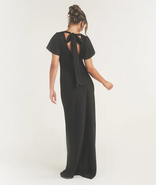Dress Flutter Sleeve Tie Back Satin Bridesmaid Dress Black Pleated Solid Color Fashion Column Prom Dress