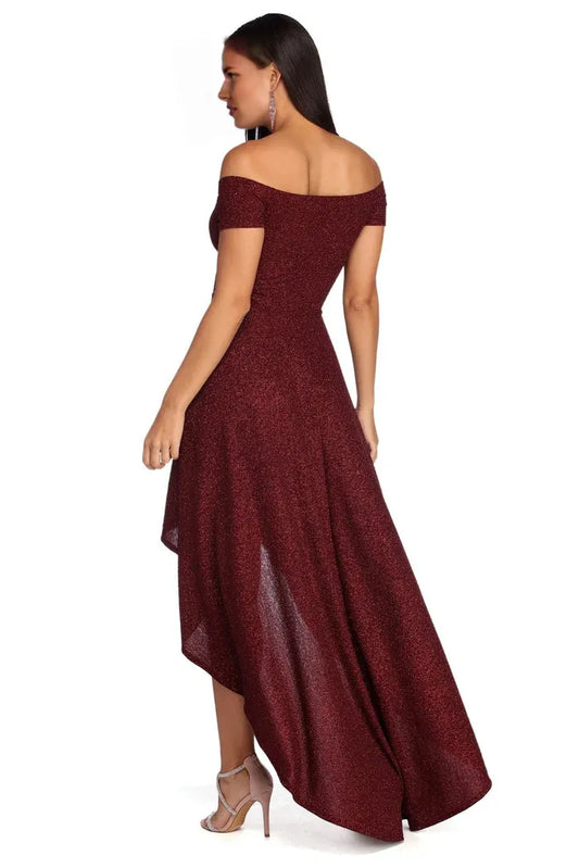 Dress Formal Glitter High Low Cocktail Party Dress Sleeveless Sparkle & Shine Off the Shoulder Prom Dress