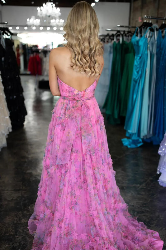 Dress Fuchsia Floral Strapless V Neck Tulle Long Formal Dress Prom Dress