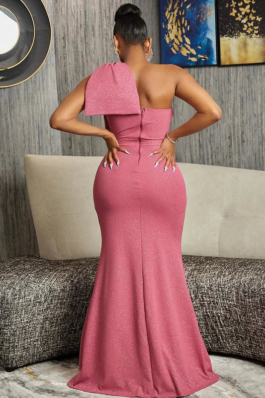 Dress Glitter One Shoulder Bow Decor Backless High Slit Slim Maxi Dress Prom Dress Sleeveless Sweep&Brush Train Evening Dress