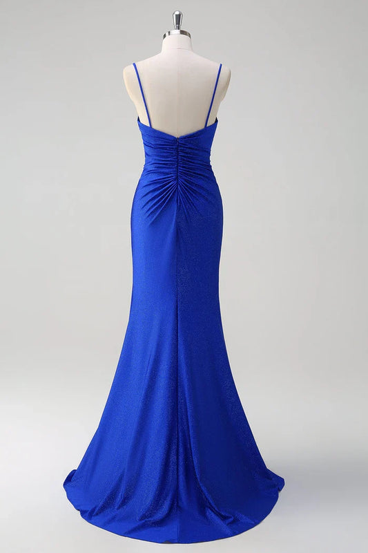 Dress Glitter Royal Blue Mermaid Spaghetti Straps Ruched Maxi Dress Prom Dress Slit Sweep Brush Train Evening Dress