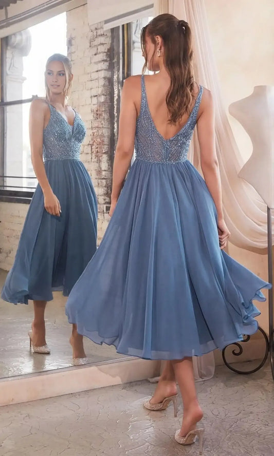 Dress Graceful A Line Beading Blue Sleeveless Tea Length Evening Dress Open Back Prom Dress