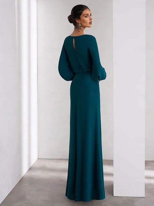 Dress Green A-Line Evening Gown Elegant Dress Formal Wedding Guest Floor Length Long Sleeve V Neck Crepe With Ruffles
