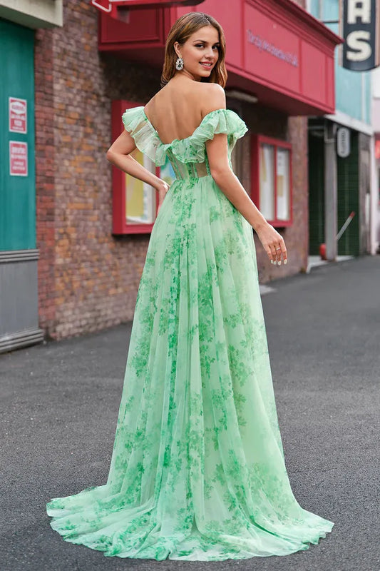 Dress Green A Line Off The Shoulder Corset Ruffled Print Party Dress Maxi Dress Sleeveless With Slit Prom Dress