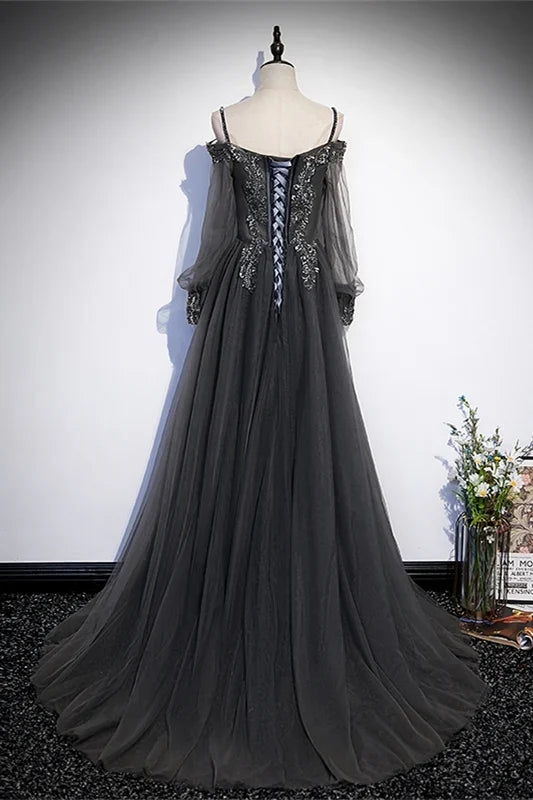 Dress Grey Tulle A-line Applique Long Formal Dress With Long Sleeves Maxi Dress Prom Dress