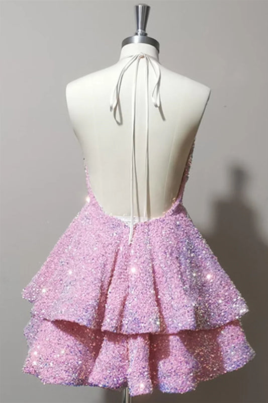 Dress Halter Backless V Neck Pink Tiered Sequin Short Homecoming Dress