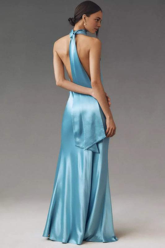 Dress High-Neck Backless Satin Sleeveless Prom Dress Sky Blue Simple Maxi Dress With Side Slit
