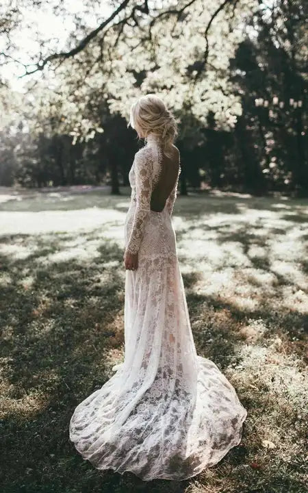 Dress High-neck Sheer Lace Backless Long Sleeve Bride Dress With Sweep Train Wedding Dress
