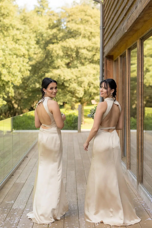 Dress High Neck Champagne Sheath Long Bridesmaid Dress Formal Wear Dresses