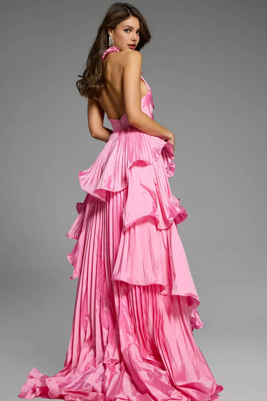 Dress Hot Pink Halter Neck Dress With Floral Details And Tiered Ruffled Design Showcasing Delicate Glamour Prom Dress
