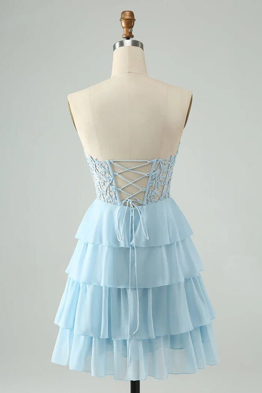 Dress Light Blue A Line Sweetheart Short Homecoming Dress Sleeveless Tiered Party Dress