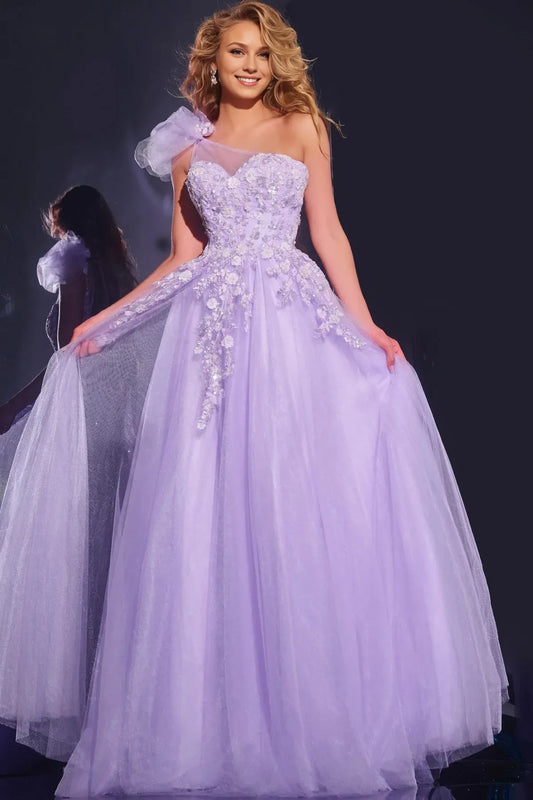 Dress Lilac Embroidered Gown One Shoulder Bow Accent Embroidered Bodice And A Flowy Tulle Skirt Prom Dress