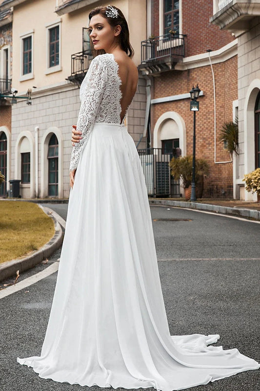 Dress Long Sleeves Deep V Neck Chiffon Lace Wedding Dress A-line With Court Train Bride Dress