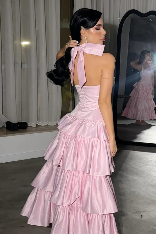Dress Lovely Pink A-Line Halter Neck Maxi Dress Prom Dress Formal Dress With Tiered Satin Evening Dress