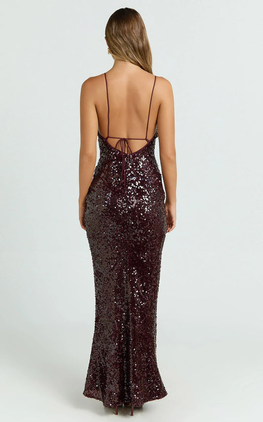 Dress Luxury Plunge Neck Sheer Sequin Slip Maxi Dress Wine Sheath Column Sleeveless Backless Evening Dress