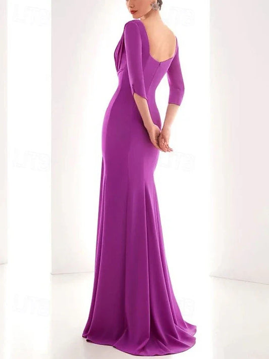 Dress Mermaid Elegant Dress Formal Fall Floor Length 3/4 Length Sleeve V Neck Chiffon With Ruched Ruffles Evening Dress