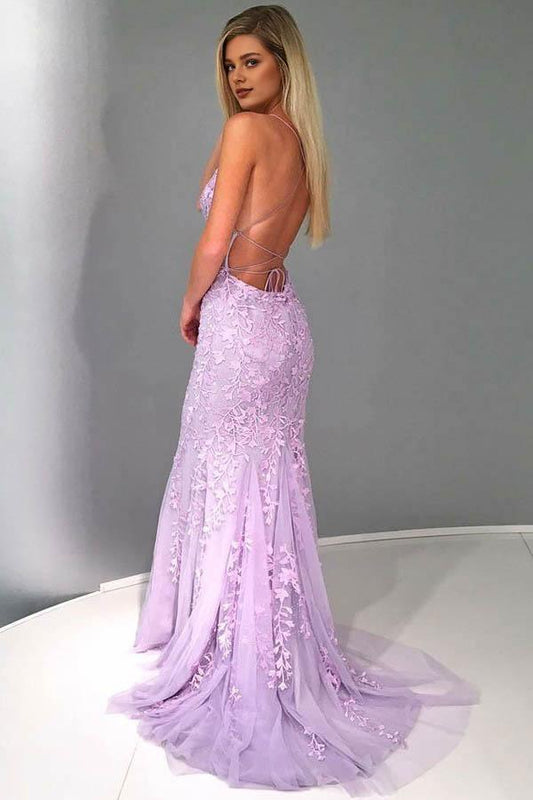 Dress Mermaid Spaghetti Straps Lilac Tulle Prom Evening Dress with Appliques