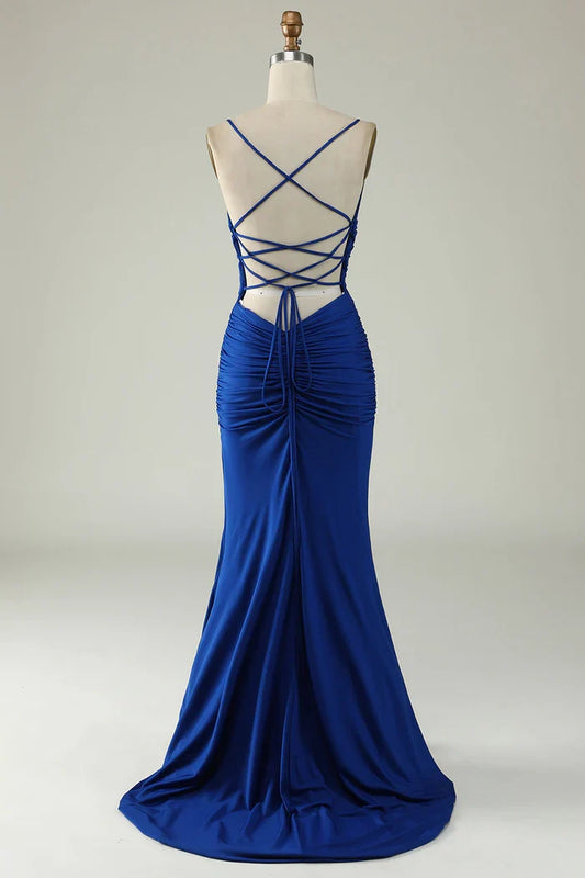 Dress Mermaid Spaghetti Straps Royal Blue Prom Dress Maxi Dress Criss Cross Back Sleeveless Party Dress