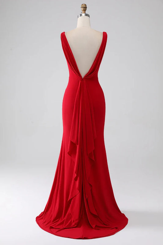 Dress Mermaid V-Neck Red Party Dress Maxi Dress V Back With Slit Prom Dress