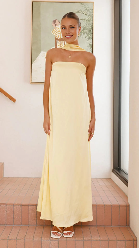 Dress Minimalist Strapless Scarf Maxi Dress Yellow Straight Tube Sleeveless Satin Solid Color Prom Dress