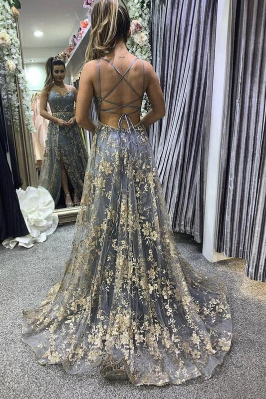 Dress Modest Long A-line V-neck Open Back Tulle Prom Dress With Slit
