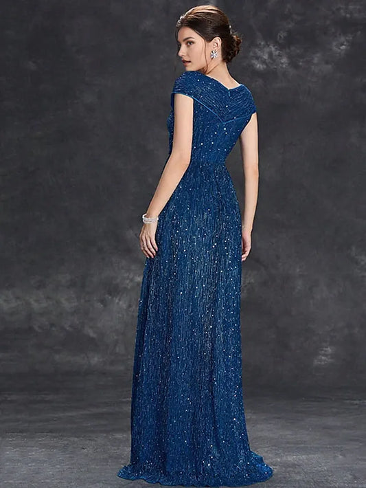 Dress Mother of the Bride Dress Elegant Party V Neck Floor Length Chiffon Short Sleeve With Sequin Evening Dress