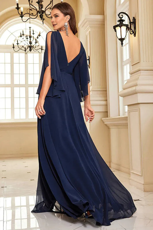 Dress Navy Bat Sleeves Chiffon Backless Formal Dress With Slit Prom Dress