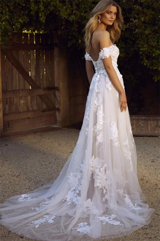 Dress Off-the-Shoulder A-Line Tulle Wedding Dress With Romantic Lace Appliques Bride Dress
