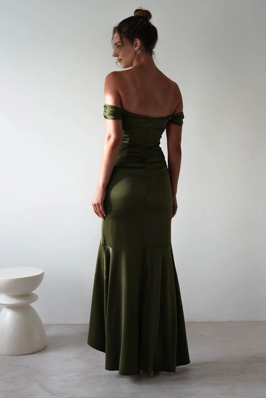 Dress Olive Green Satin Gown Off Shoulder Neck Ruched Bodice Asymmetrical Skirt And A Floor Length Hem Prom Dress