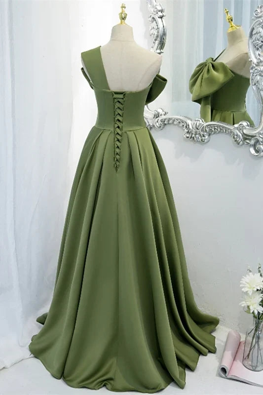 Dress One Shoulder Green Bow Long Formal Dress Lace Up Prom Dress