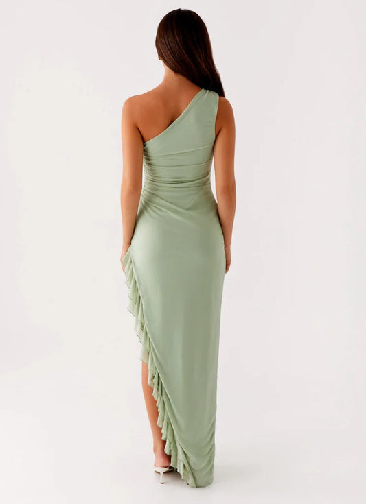 Dress One Shoulder Sleeveless Sexy Slit Sweep/Brush Train Ruffle Straps Solid Color Prom Dress