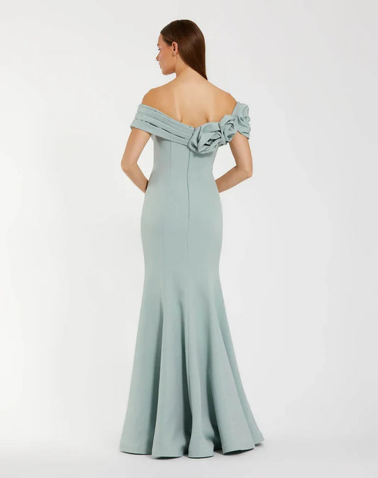 Dress Pale Blue Satin Glamour Off Shoulder Silhouette Floral Accent Satin Mermaid Fit And A Dramatic Floor Length Prom Dress