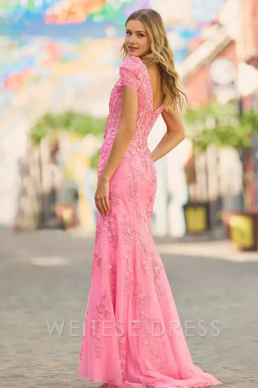 Dress Pink Embroidered Tulle Mermaid Gown With Puff Sleeves And Square Neckline Exuding Romantic Elegance Prom Dress