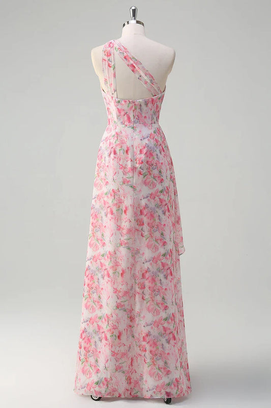 Dress Pink Floral One Shoulder Party Dress Maxi Dress Sleeveless With Slit Prom Dress