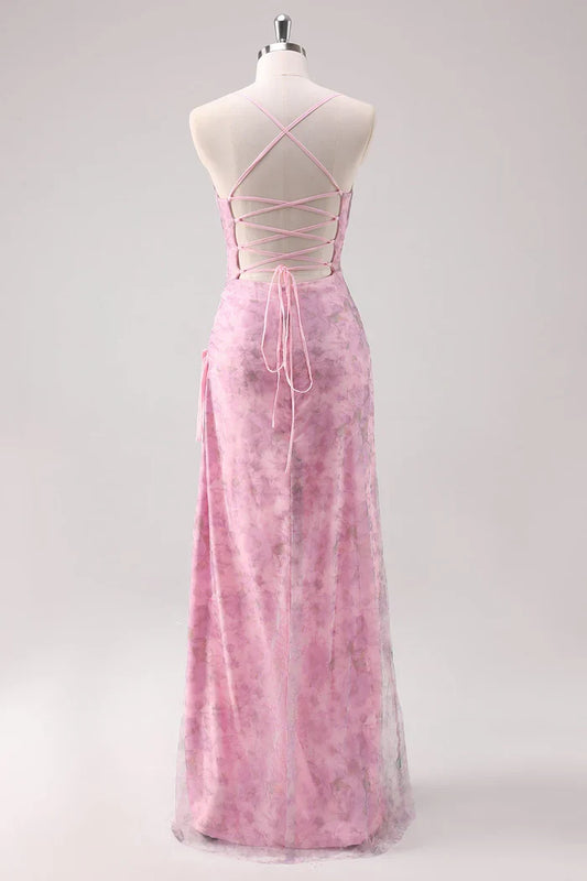 Dress Pink Floral Spaghetti Straps Sheath Maxi Dress Prom Dress With Lace Up Evening Dress