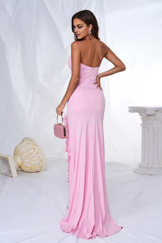 Dress Pink Mermaid Strapless Ruffles Maxi Dress Prom Dress With Slit Evening Dress