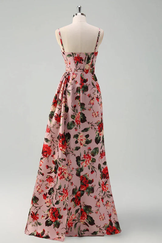 Dress Pink Red Floral Spaghetti Straps Maxi Dress Prom Dress Sleeveless Slit Evening Dress