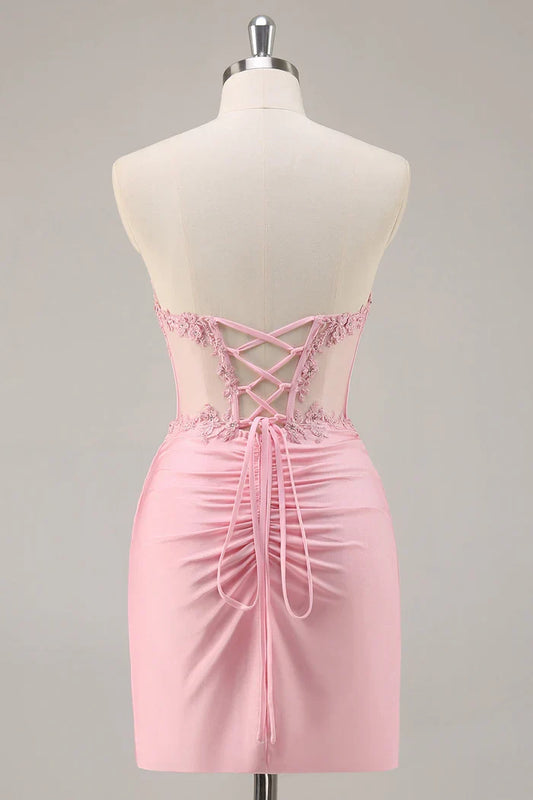 Dress Pink Strapless Corset Beaded Tight Short Homecoming Dress Appliques Party Dress