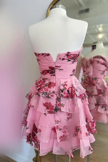 Dress Pink Sweetheart Sleeveless Pleated Tiered A-Line Short Homecoming Dress