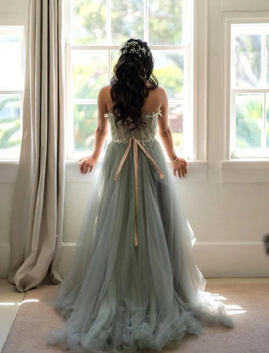 Dress Pretty A Line Strapless Appliques Grey Tulle Long Prom Dress Evening Dress Party Dress