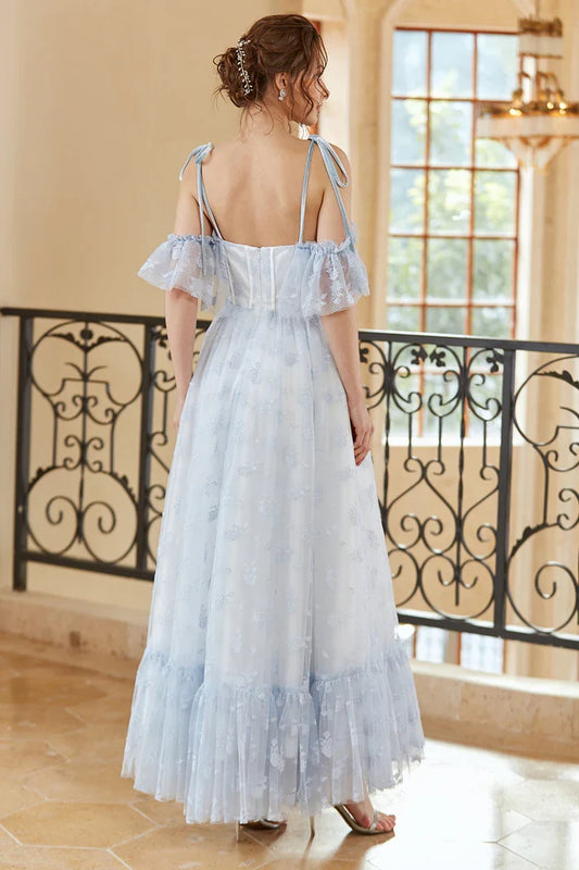 Dress Princess A Line Off the Shoulder Light Blue Maxi Dress Prom Dress Sleeveless Ruffles Fashion Party Dress