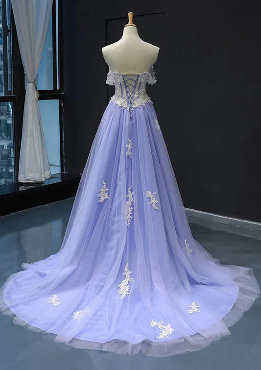 Dress Princess Off-the-Shoulder Sweep Train Tulle Satin Party Dress/Evening Dress With Applique Prom Dress