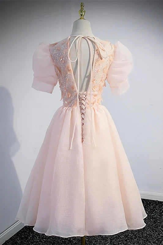 Dress Princess Pink A-line Short Dress With Empire Waist Short Sleeves Homecoming Dress