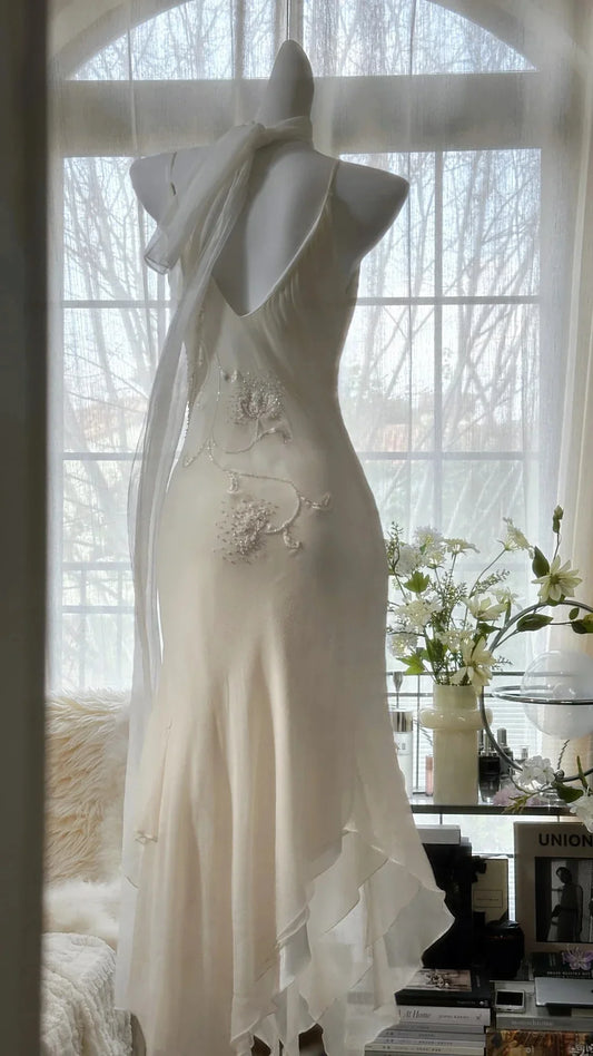 Dress Pure and Elegant Chiffon Spaghetti Strap Beaded V Back Mermaid Prom Dress