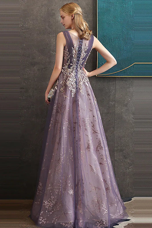 Dress Purple A Line Round Neck Elegant Tulle Maxi Dress Sleeveless With Sequins Prom Dress