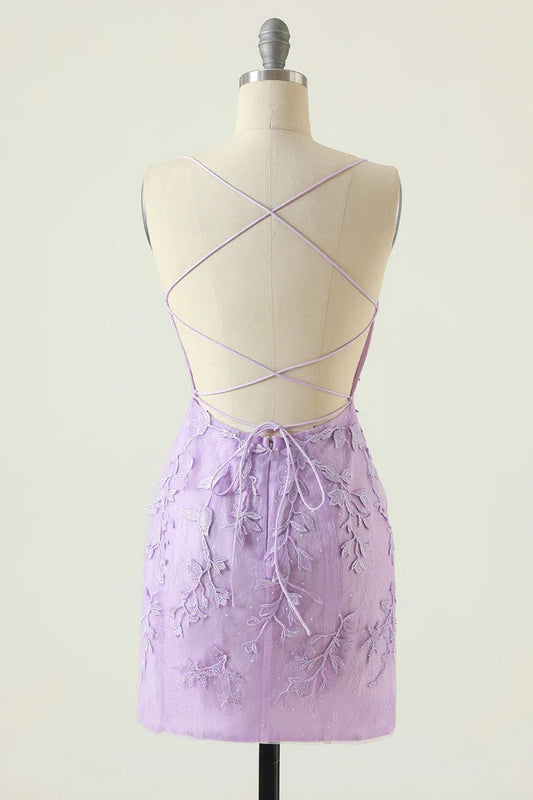 Dress Purple Backless Bodycon Homecoming Dress Pleats Sleeveless Appliques Party Dress