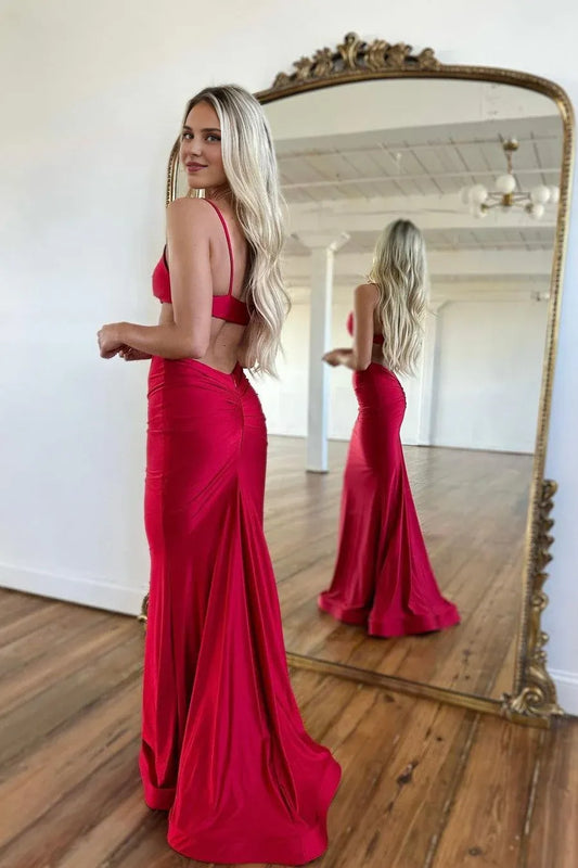 Dress Red Mermaid Floor Length Prom Dress with Delicate Spaghetti Straps